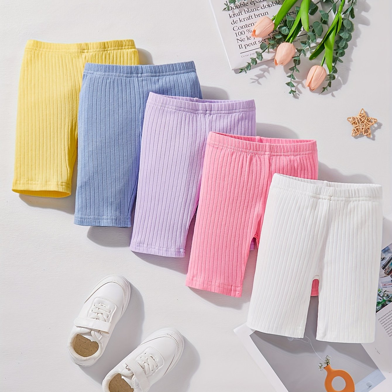 Image of 5pcs Girls' 93% Cotton Elastic Knit Shorts - Loose-fit Solid Color Summer Shorts With 5pcs Pack For, & Casual Attire - Soft Breathable (compatible With Diapers/wipes), Perfect For Outdoor