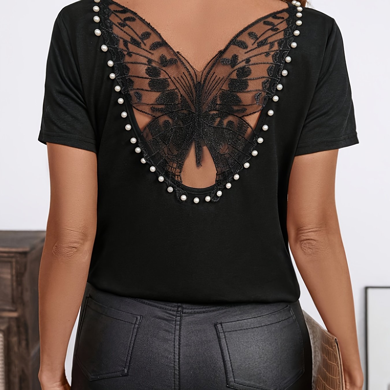 Women's Fashion Solid Panel Lace Short Sleeve T-shirt With Pearl Decor
