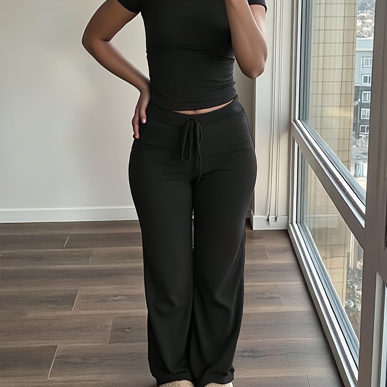 Women's 2pcs Short Sleeve Top And Wide-leg Pants Set, Fake Drawstring Waistband, Casual Outfit, Wear, Daily Attire, , Short Sleeve Top, Women's Set, Women's Clothing, Fashion Top, Autumn Women's Wear