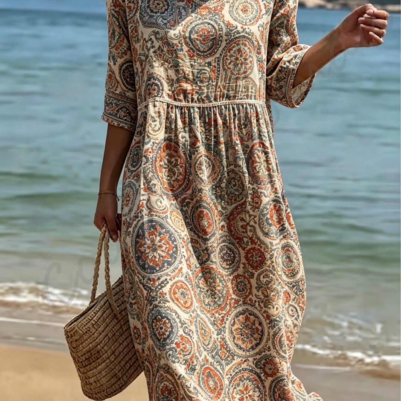 Image of Women's Summer Beach Round Neck Dress, Made Of Polyester Fabric, Decorated With 2d Print. Retro Ethnic Style, Suitable For And Parties. Great Gift.