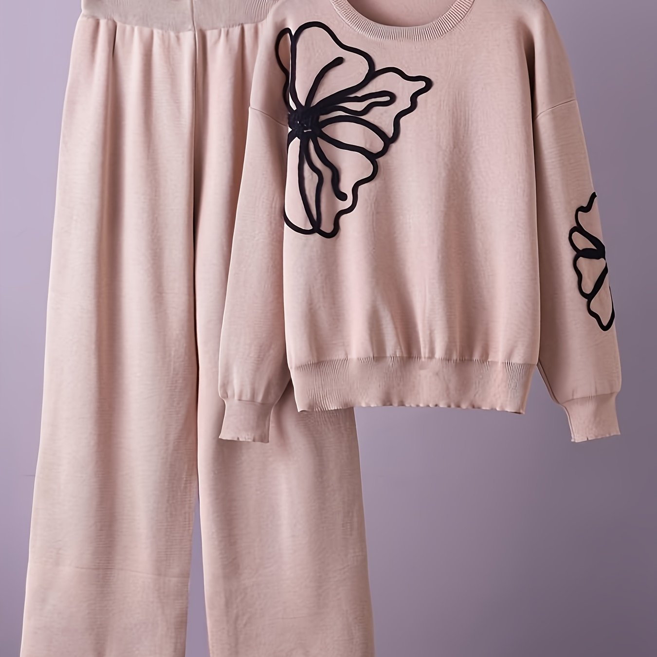 Image of Elegant Temperament Suit 2pcs Set, Round Neck Sweater Top + Loose Casual Wide-leg Pants Set, Suitable For Any Age, Mother's Wear, S Casual Walking