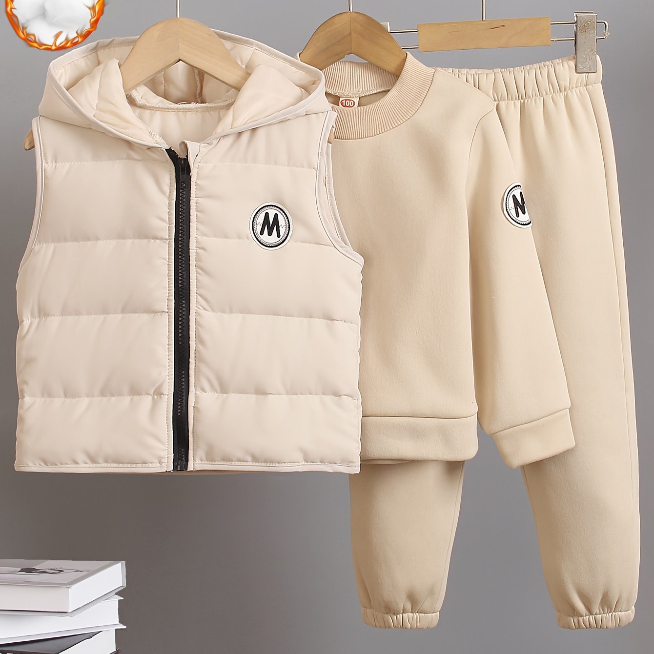 Image of ' Autumn And Winter Round Neck Sweatshirt, Elastic Waistband Trousers, Quilted Hooded Vest Three-piece Set ( Clothes And Trousers Are Sold), For Outdoor