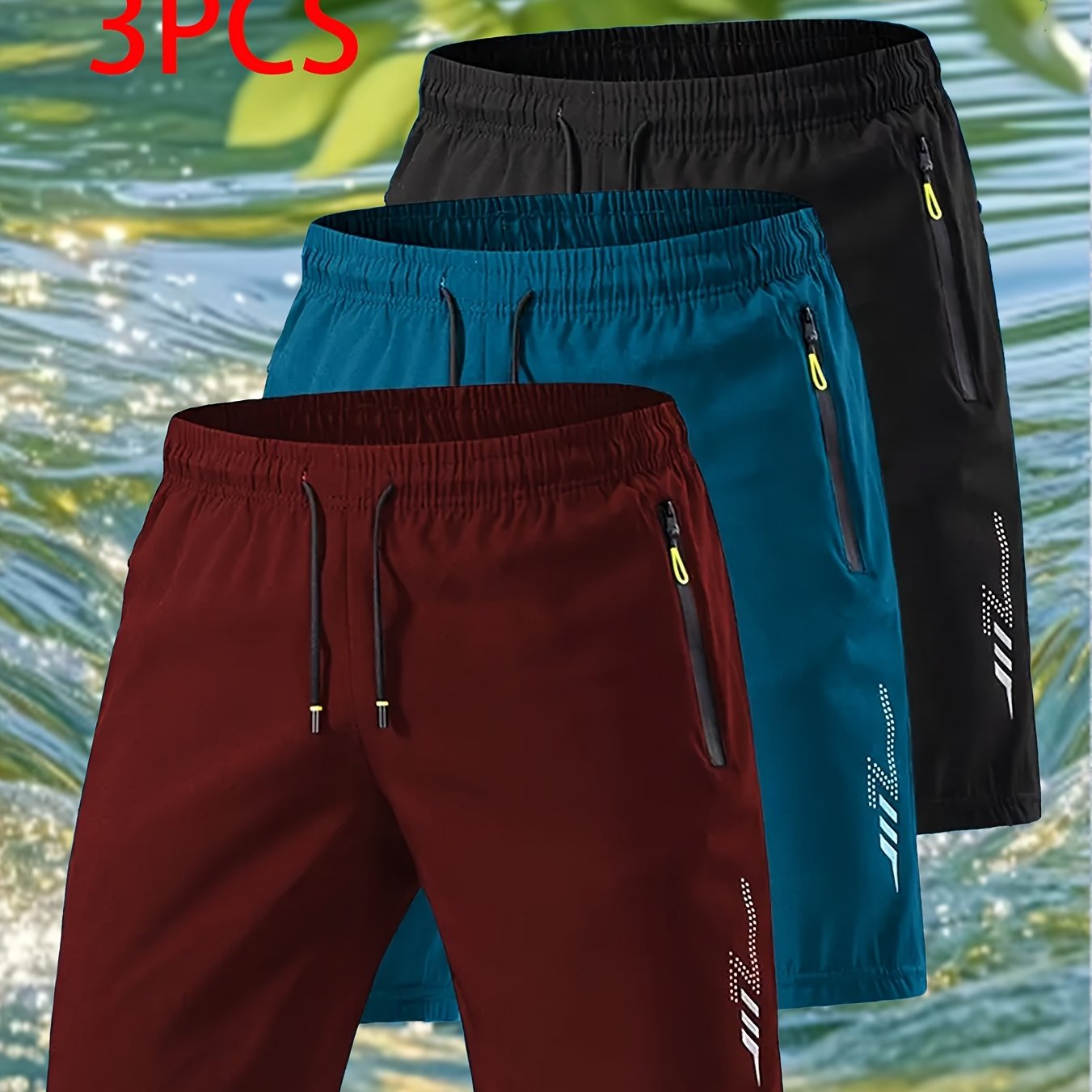 TEMU Set Of 3, Men's Lightweight Breathable Quick- Shorts With Adjustable Drawstring Waist, Stylish Lightning Print, Pockets, Suitable For Fitness,