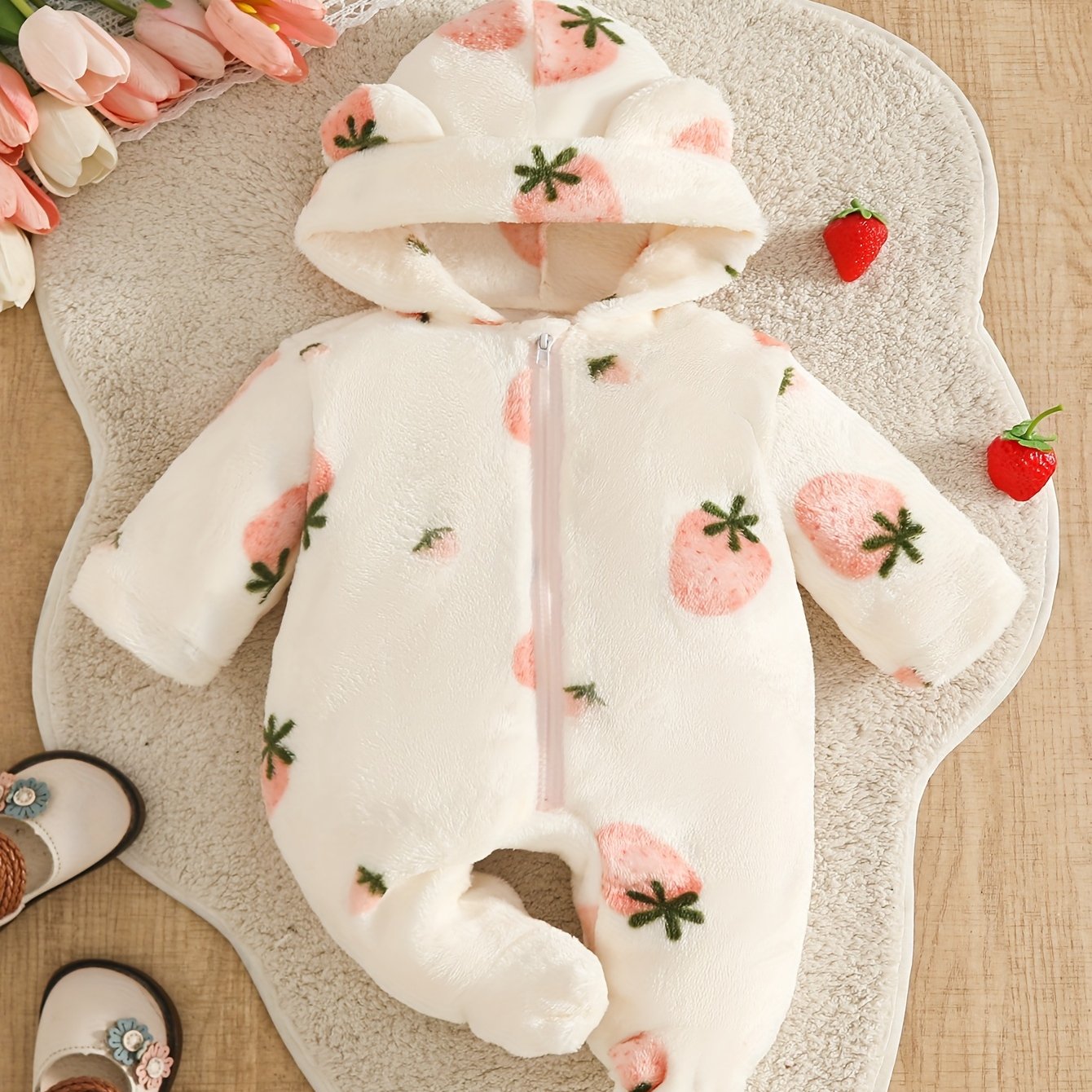 Image of Baby Autumn And Winter Jumpsuit For Boys And Girls, Hooded Outdoor Wear, Furry Clothes, Cute Clothing, 0-9 Months, For Outdoor