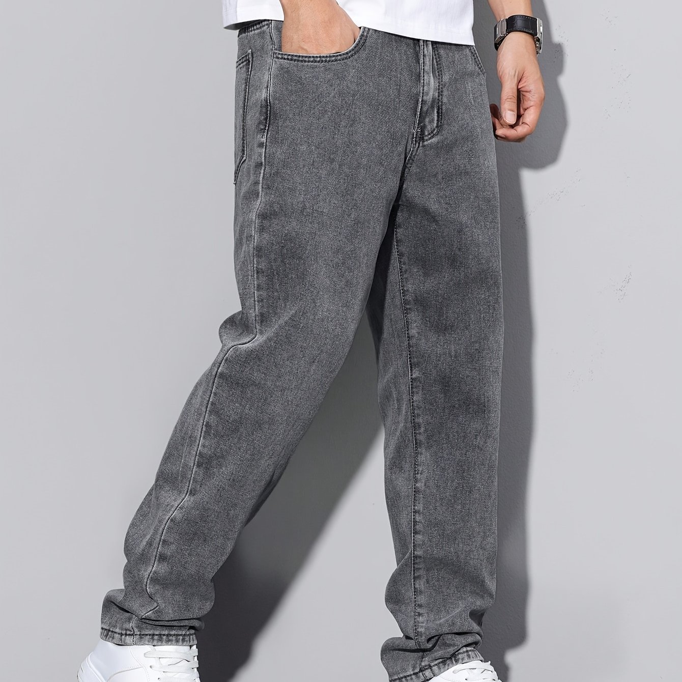 Image of Men's Slim-fit Stretch Denim Jeans - Casual Gray, Mid-rise, , Regular Fit With Pockets, Perfect For Casual Attire, Jeans | Midrise Jeans | Stretch Denim, Autumn Menswear