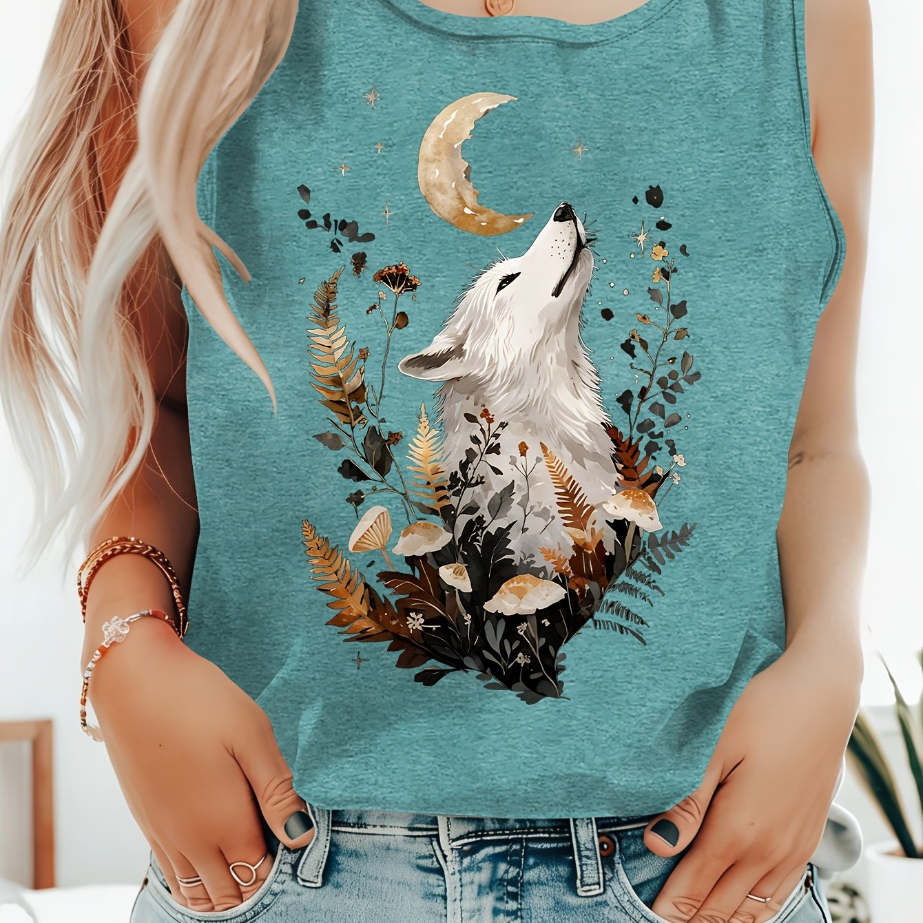 TEMU Spring/summer Women's Round Neck Sleeveless Tank Top With White Wolf Raising Head To Moon Print. Suitable For Daily And Formal Wear, A