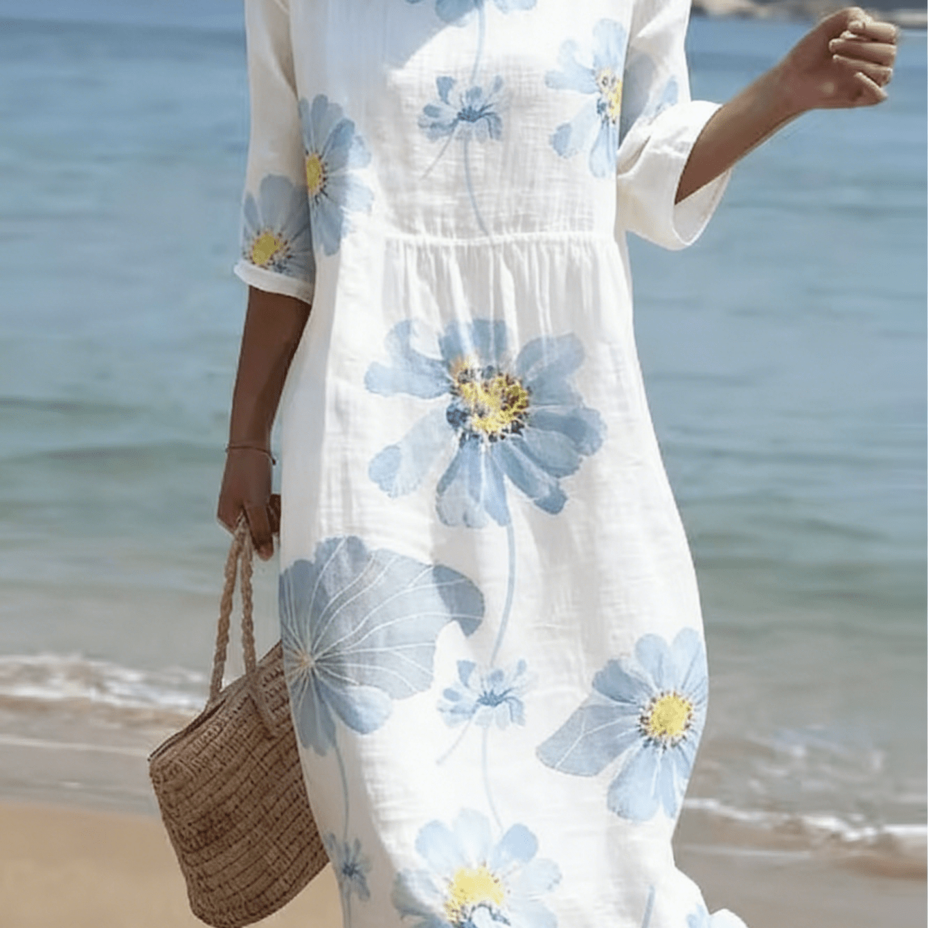 Women's Blue Daisy And Lotus Leaf Dress, Large Floral Pattern 3/4 Sleeve Crew Neck Flowy Midi Dress, Beach Swing Dress