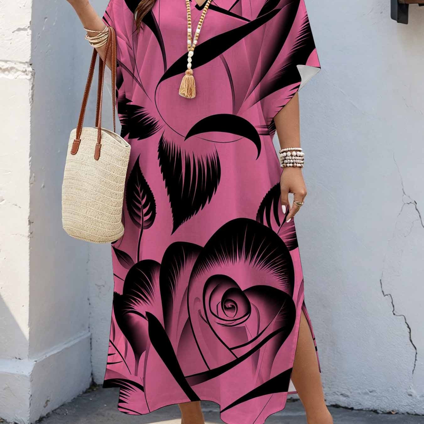 Image of Plus Size Women's 08xl Artistic Elegant Style, Rose Flower Print Maxi Dress, V-neck Batwing Sleeve Dress With Double Side Slits, Loose Casual Summer Dress For Curvy Women