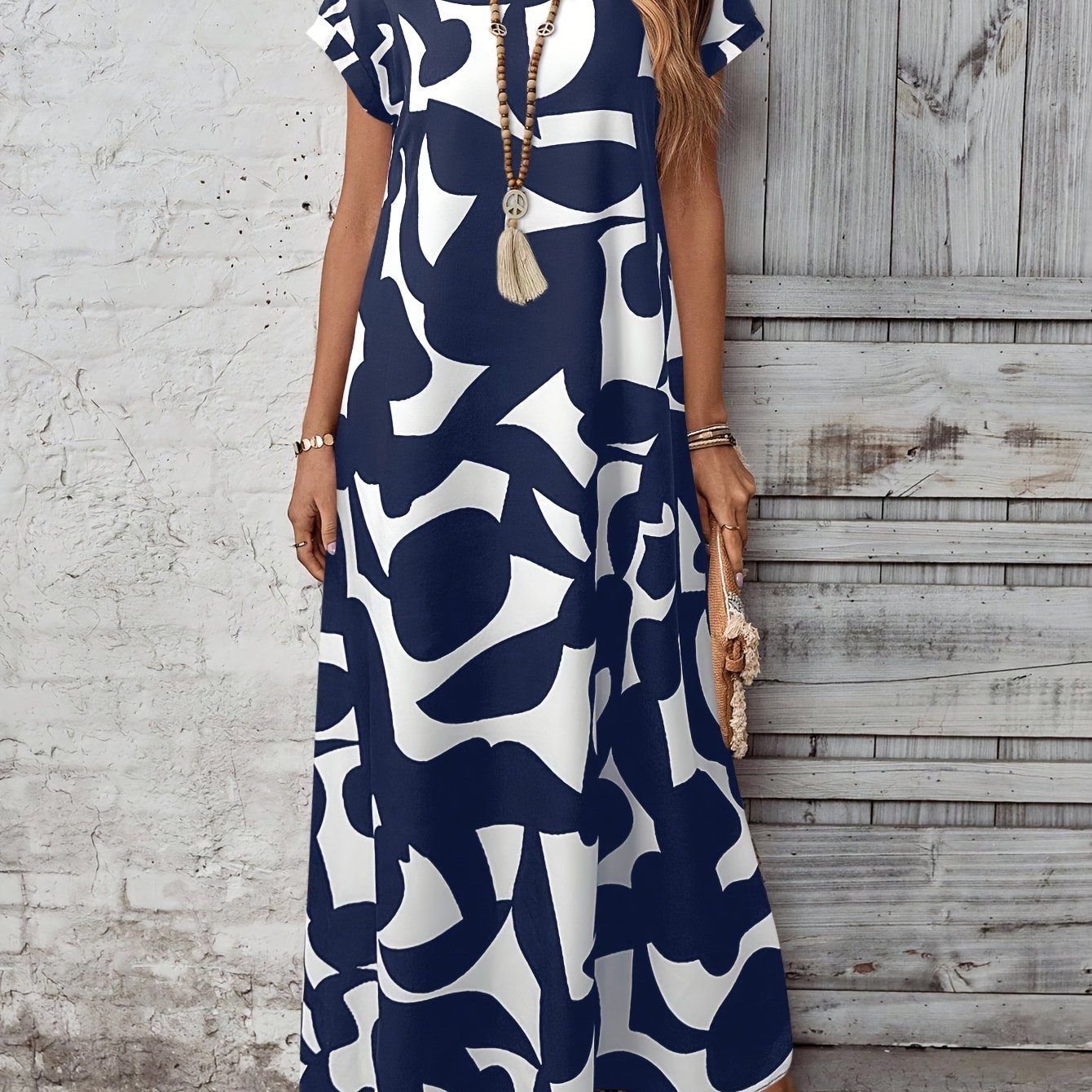 TEMU Black And White Abstract Art Printed Casual Round-neck Short-sleeved Long Dress, A -back And Casual Style Outfit
