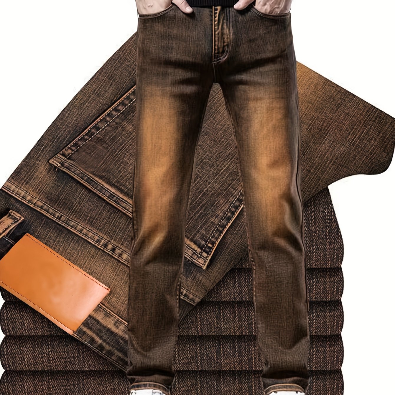 Men's Denim Pants Elastic Simple Denim Long Pants Slimming And Shaping Men's Dark Brown Clothing Multi- Men's Pants, Suitable For