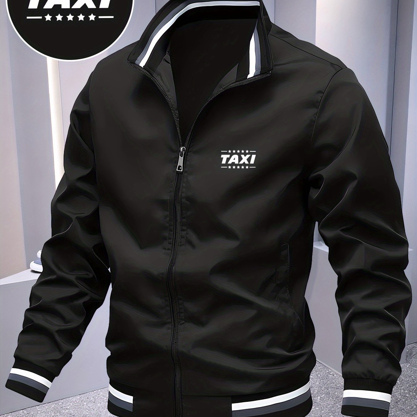 TEMU Men's Lightweight Stand-collar Casual Jacket Featuring A Taxi Pattern, Made From Comfortable Fabric With A Zipper, Designed For A Regular Fit,