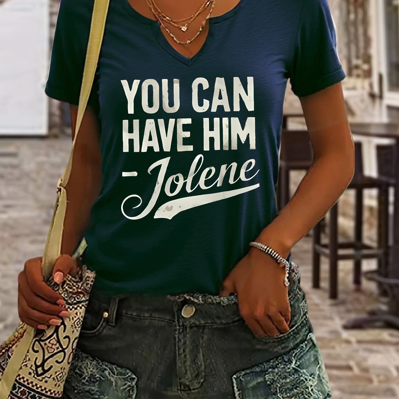 TEMU Women's Summer V-neck T-shirt You Can Have Him Slogan Graphic Loose Fit Soft Breathable Daily Wear Top For , Shopping, Concerts, Country Music