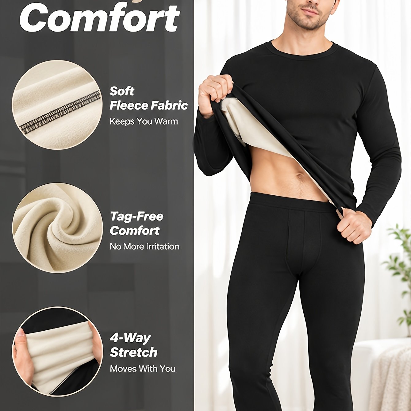 TEMU Ensemble de base chaud pour hommes, haut à manches longues en polaire et pantalon, sous-vêtements d'hiver pour temps froid