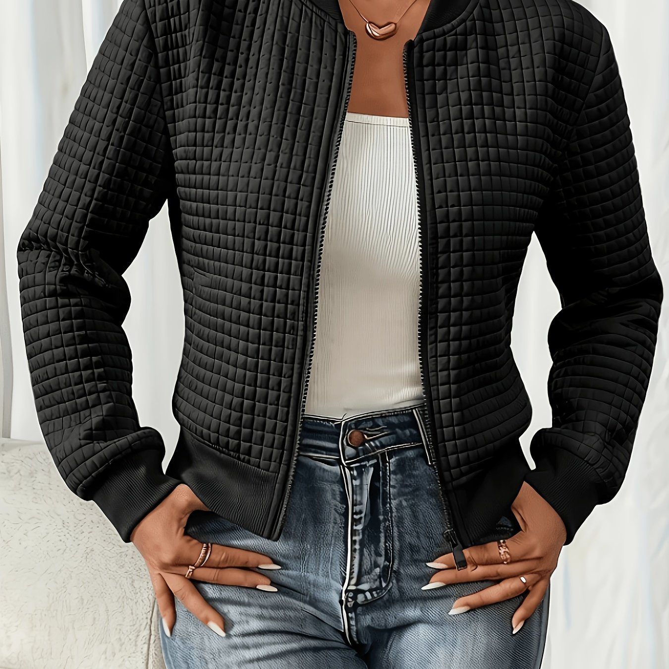 TEMU Simple And Elegant Small Checkered Embossed Jacket, Casual And Versatile Commuting Loose-fit Cropped Collar Coat For Women