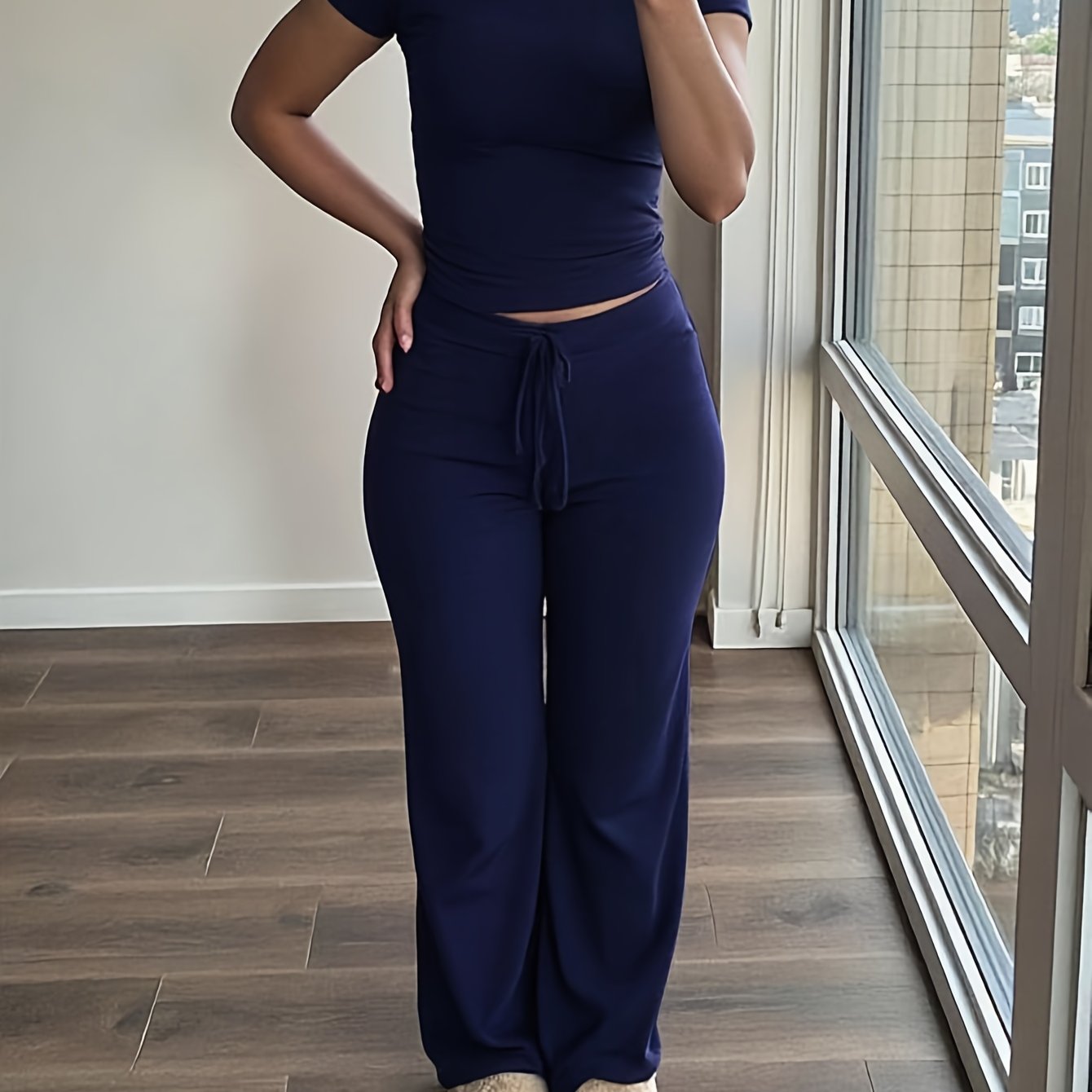 TEMU Women's 2pcs Short Sleeve Top And Wide-leg Pants Set, Fake Drawstring Waistband, Casual Outfit, Wear, Daily Attire, , Short Sleeve Top, Women's