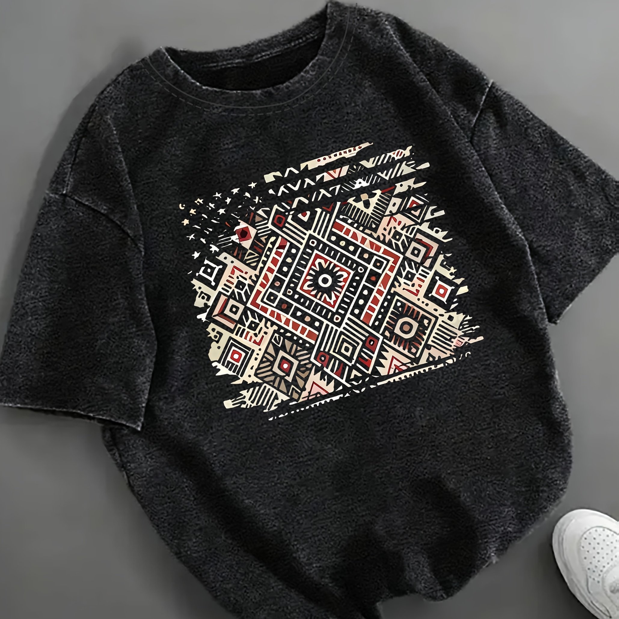 E-shop Damen Vintage Geometrie Print T-Shirt | Kurzarm Rundhals Freizeit Top für Frühling & Sommer, Damenbekleidung