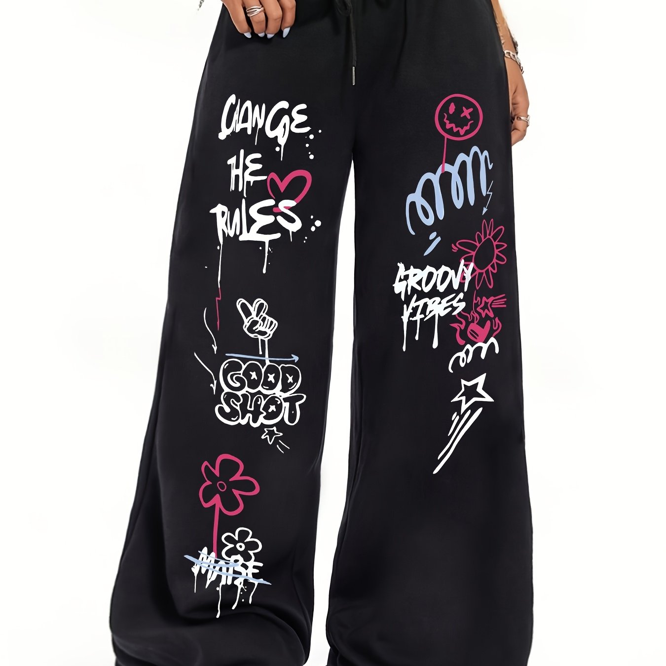 TEMU Spring/autumn Women's Hip-hop Graffiti Letter & Flower Graphic Streetwear, Comfortable Vintage Basic Fashion Commuter Versatile Y2k Apparel,