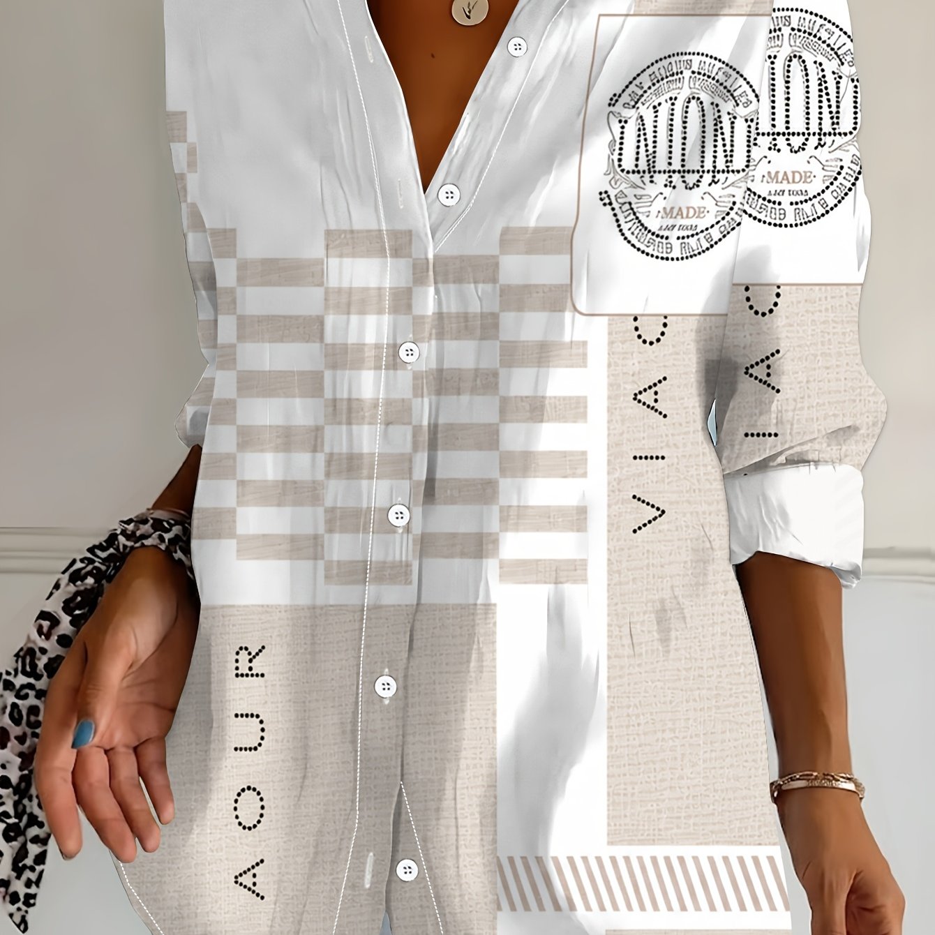 TEMU Chemise Grande Taille à Manches Longues pour Femme, Chemise Imprimée de Style avec Éléments Lettres, Chemise à Mi-Longue à Manches Longues pour