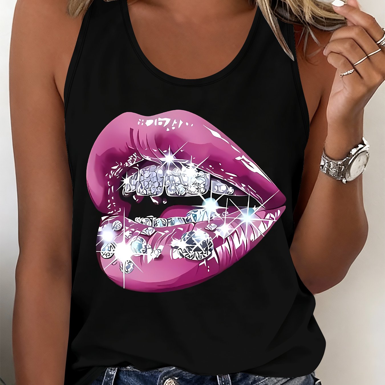 TEMU And Summer Women's Tank Top With Unique Rhinestone , A Trendy And Versatile Sleeveless Is Breathable And Casual
