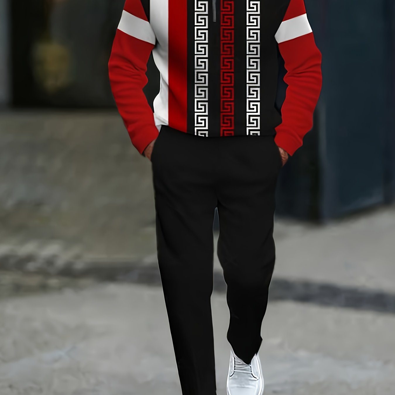 TEMU The Set Showcases A Greek Key Pattern In Red And Black, Boasting Color Geometric Designs. Its Half-open Collar Visually Appealing, Making It