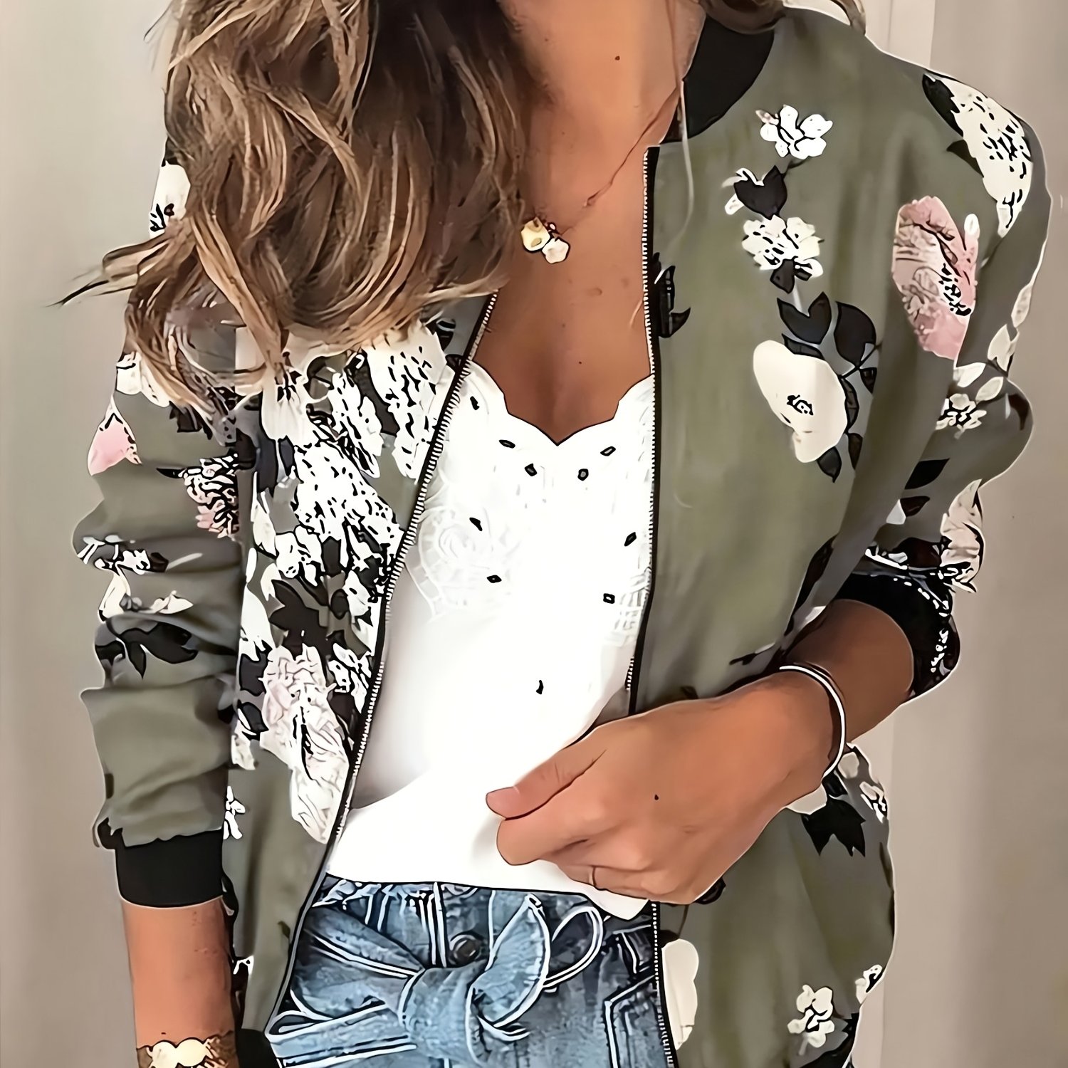 E-shop Plus Size - Plus Size - Plus Size Modische Jacke mit Blumenmuster und Reißverschluss, lässige und lockere Jacke für den täglichen Arbeitsweg