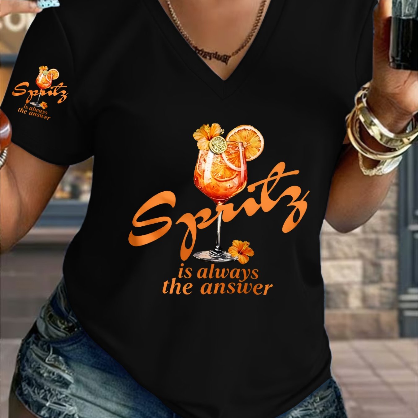 TEMU 1pc V-neck Printed T-shirt Fashion Casual Design Beverage Pattern Embellishment Style Summer New Y2k Style Women's Casual Athletic Wear Single