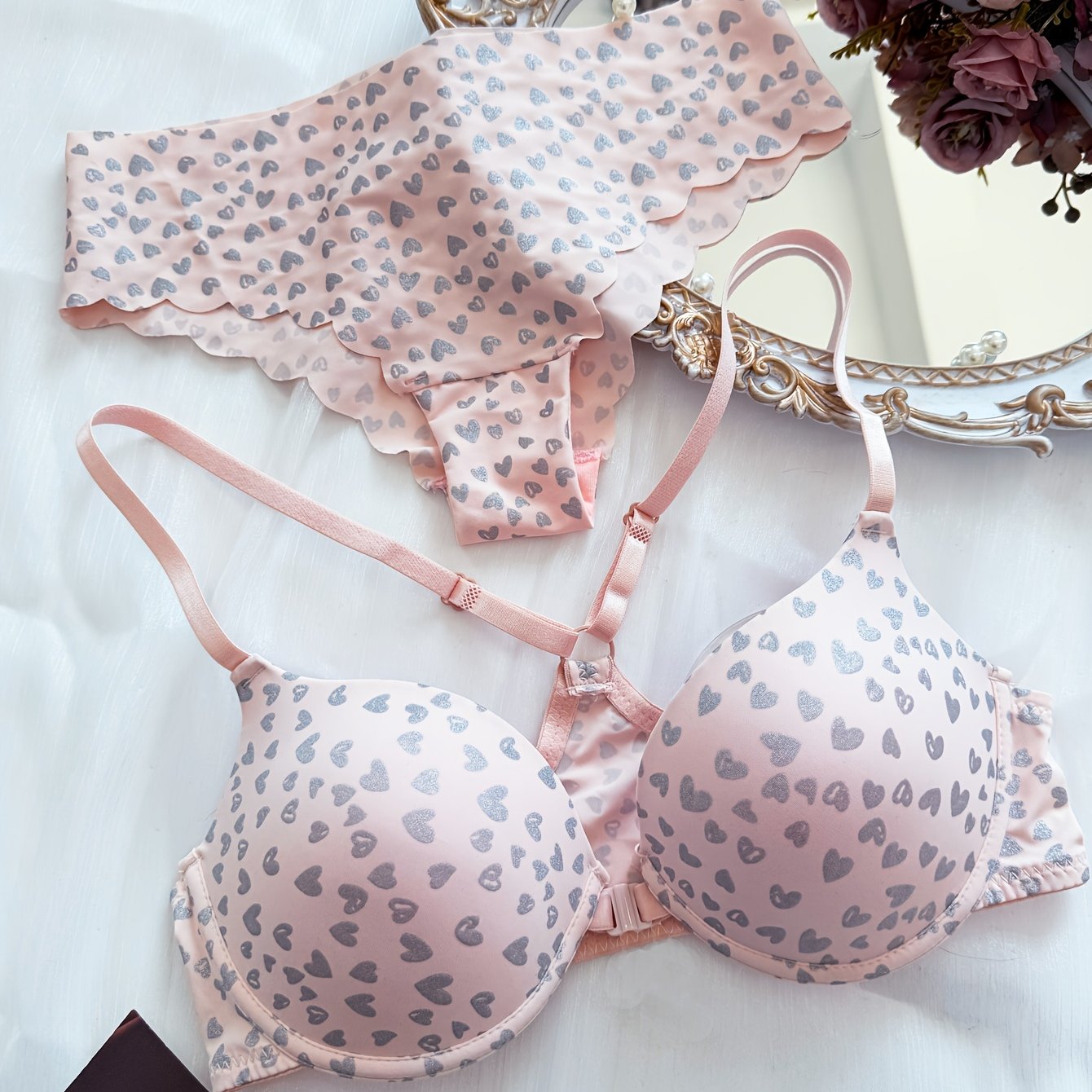 TEMU 26ss Push-up Backless Underwire Heart-print Sexy Bra Set