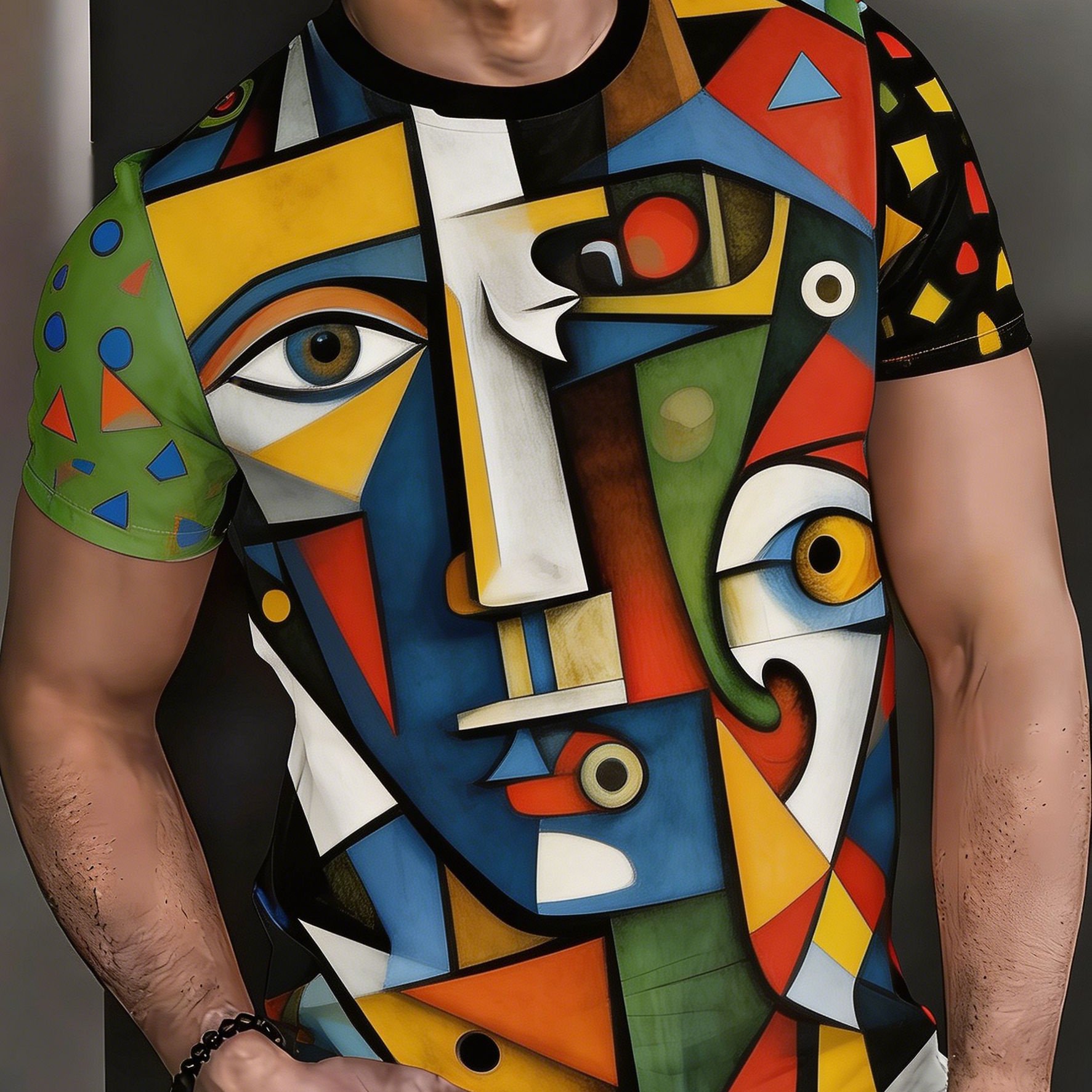 TEMU [printed Design - Not Textured / 2d Printing] Picasso-style Abstract Face Print T-shirt For Men, Blocking, Unique Niche Streetwear, Plus Size