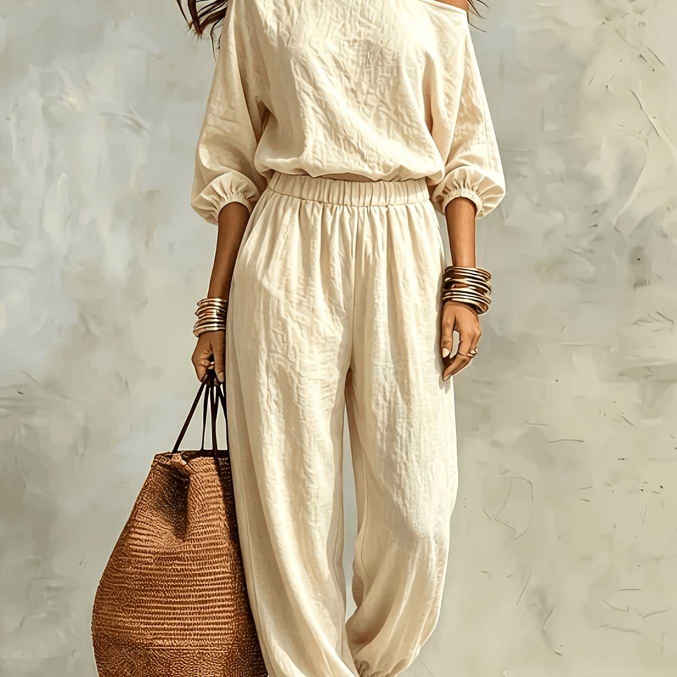 TEMU Conjunto Elegante Francés de Mujer para Vacaciones, Hombros Descubiertos, Diseño Holgado con Murciélago y Cintura Ajustada, Top de Hombros