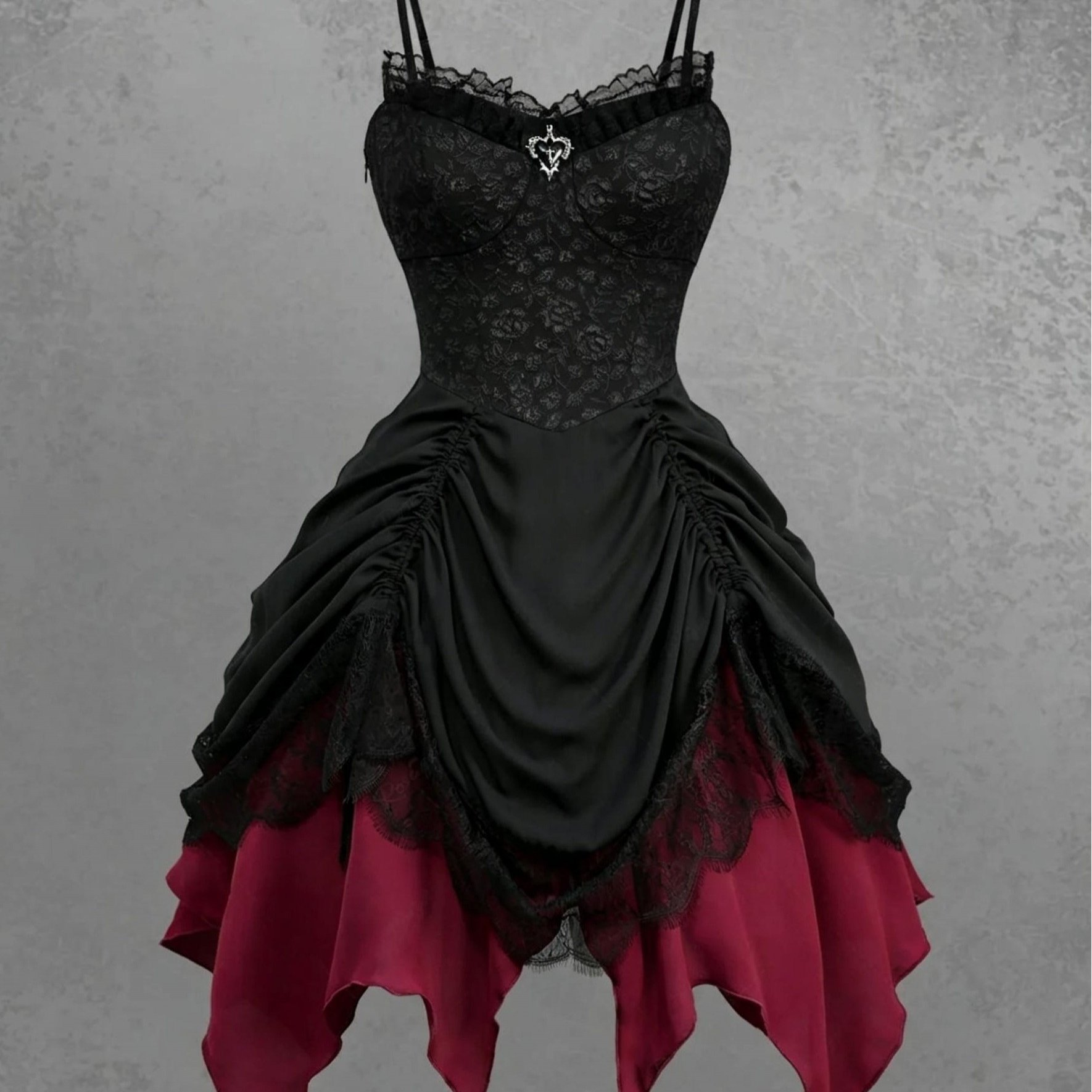 TEMU Dark Gothic Style Black And Red Contrast Lace Camisole Dress With Cinched Waist, Gathered , And Irregular Hem. Halloween Party Hot Dress