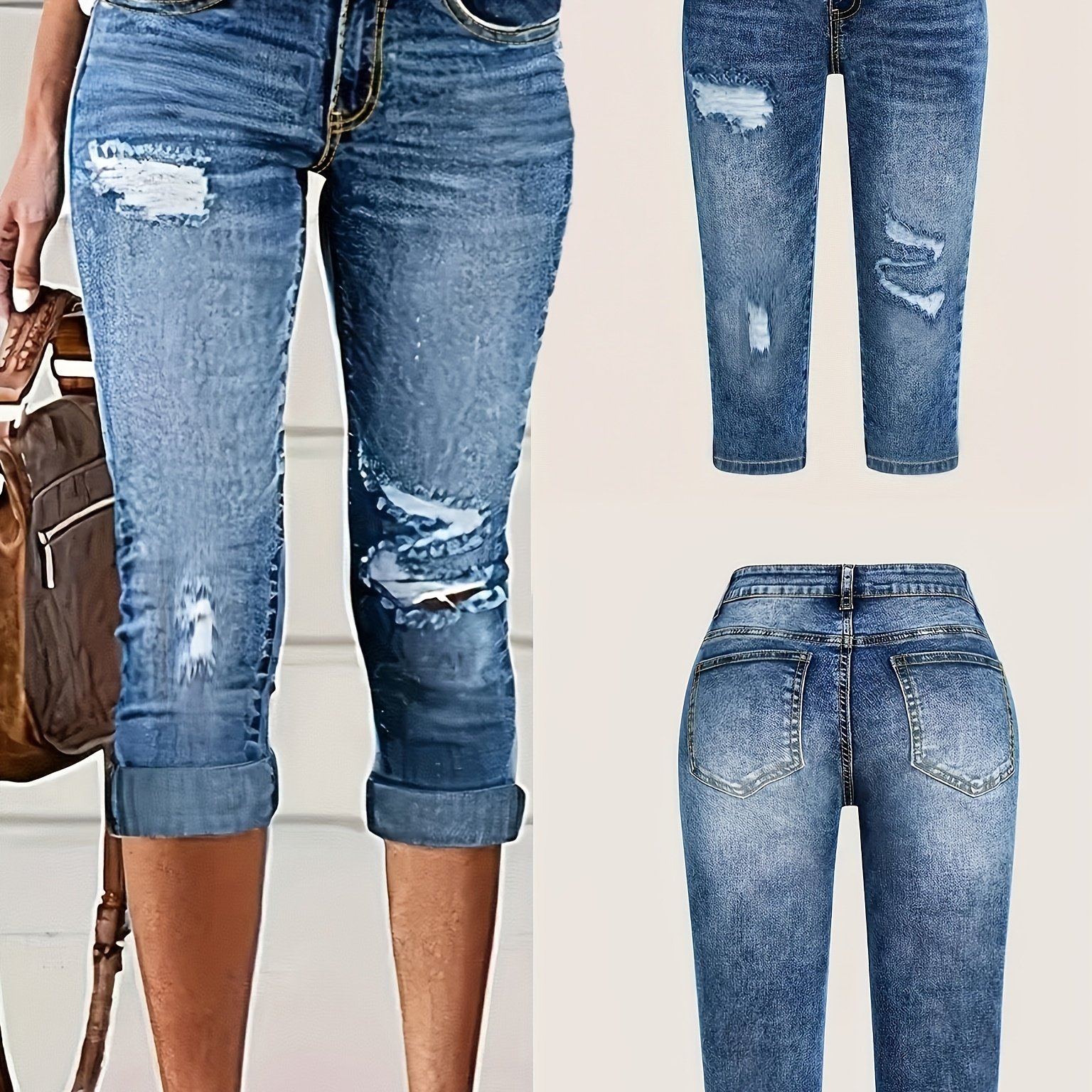 Women's Fashion Ripped Stretch Skinny Versatile Cropped Jeans