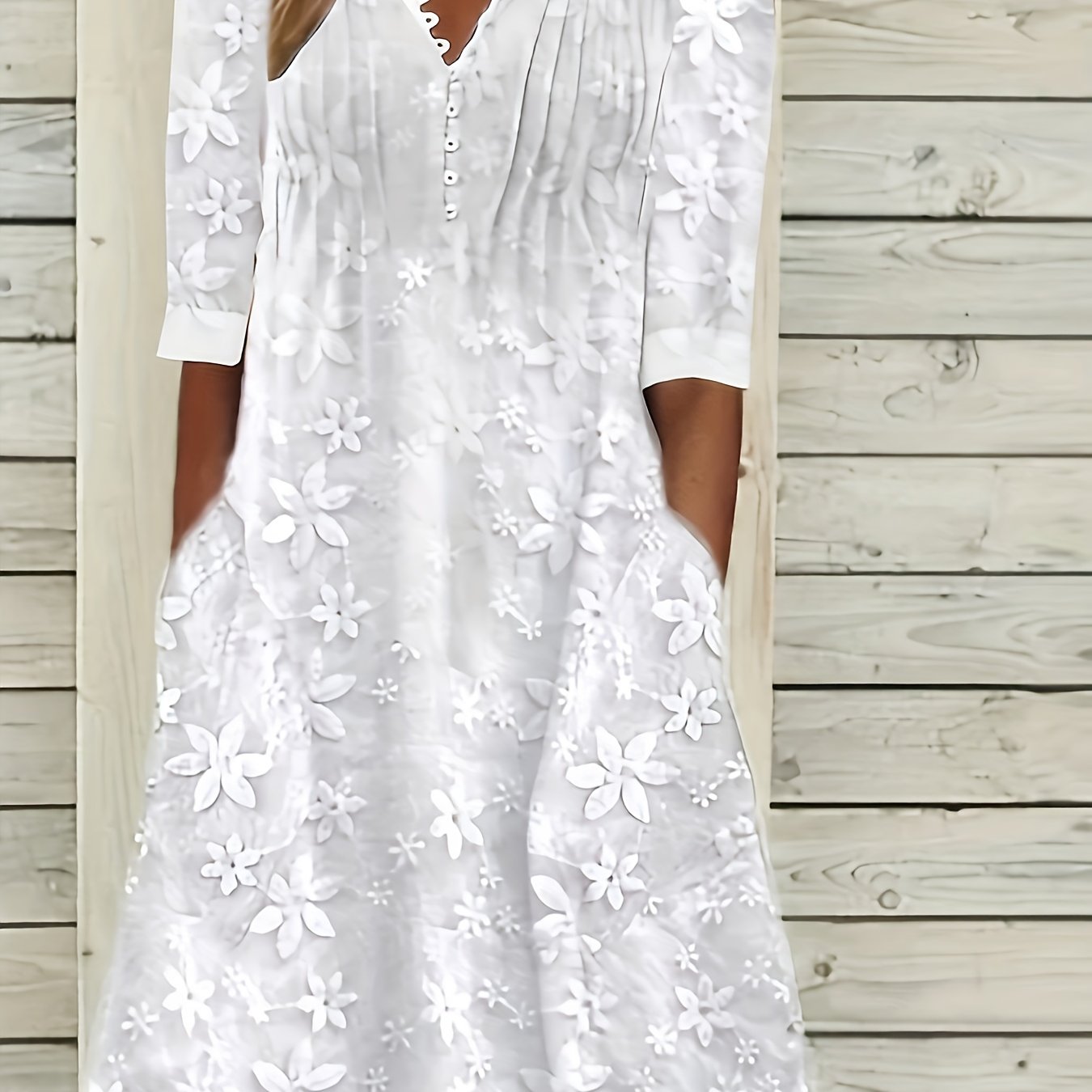 Image of Women's Dress Sun Dress White Floral Mid-length Dress