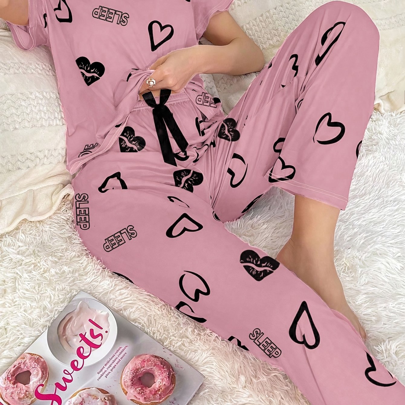 TEMU Casual Women's Pink Top With Heart-patterned Pants, Short And Long Women's Pajamas Set