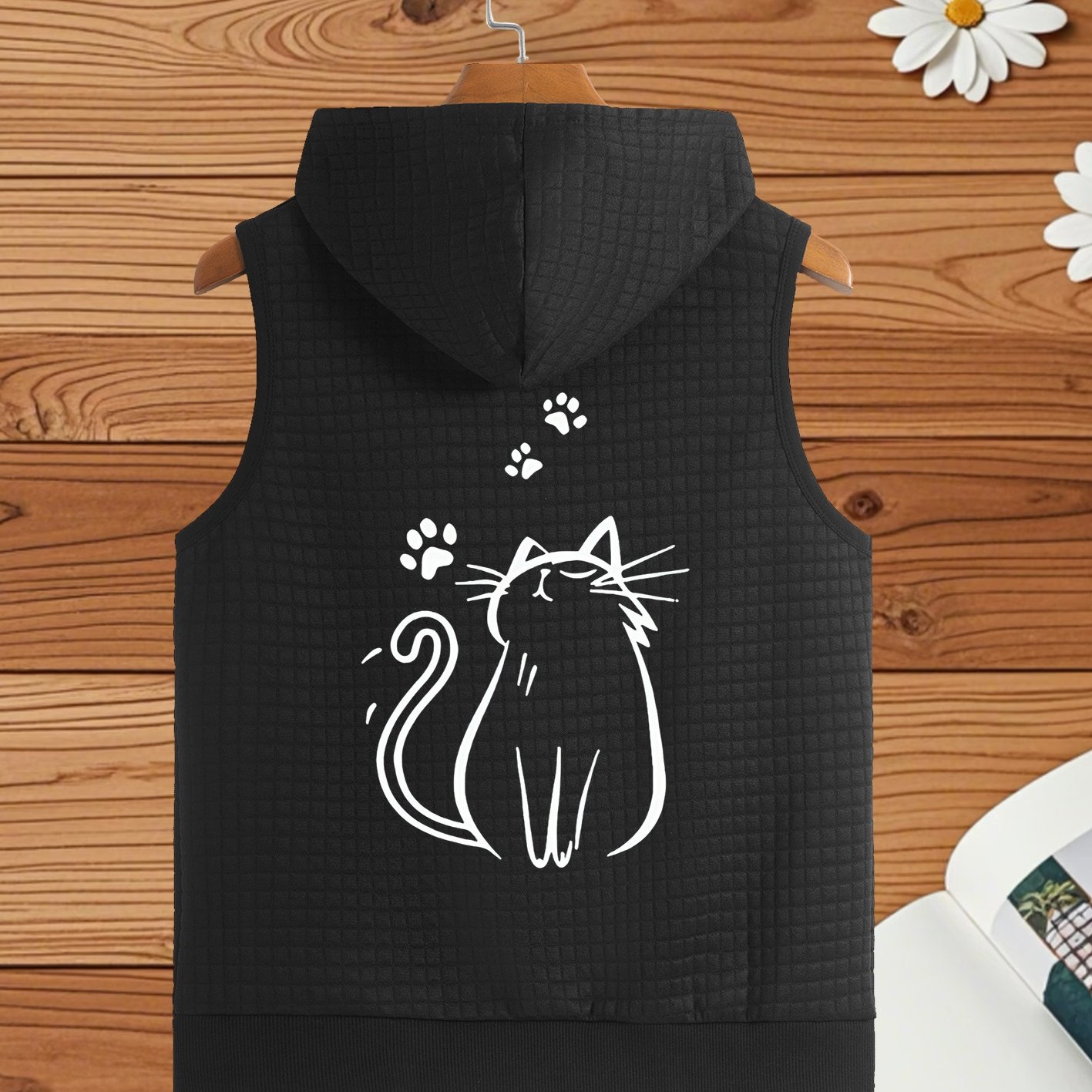 TEMU 【商品名】猫柄プリント、付き、ポケット付きのレディースベスト（ノースリーブ）