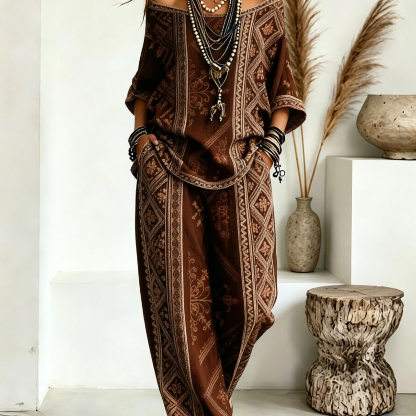 Image of 2pcs Package, Women' -word Shoulder Top With Wide-leg Pants Set, Rhombus Ethnic Full Printing, Living And Vacationing Girlfriends Gathering Outdoor Photography Casual Wear