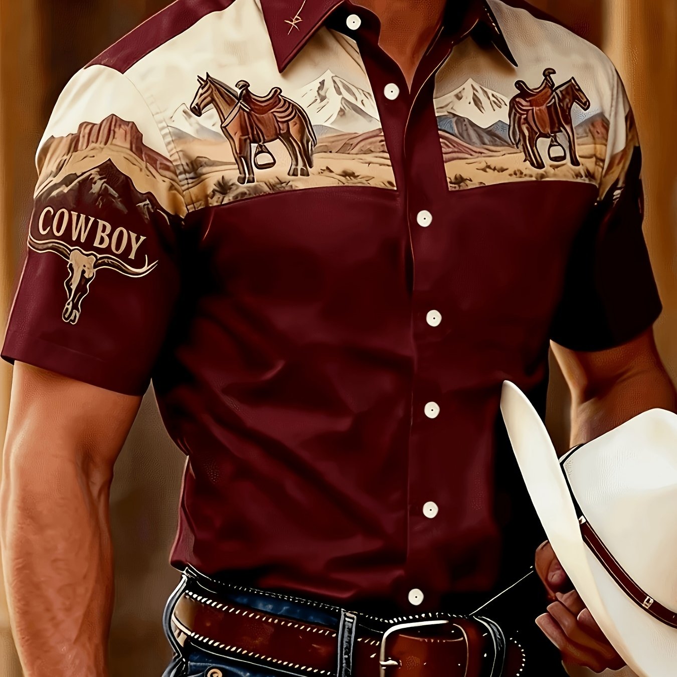 TEMU Retro Western Cowboy Aloha Shirt, Print For Rodeo & Country Events, Summer Short-sleeve Shirt, Suitable As A Father's Day Gift, The 's Gift,