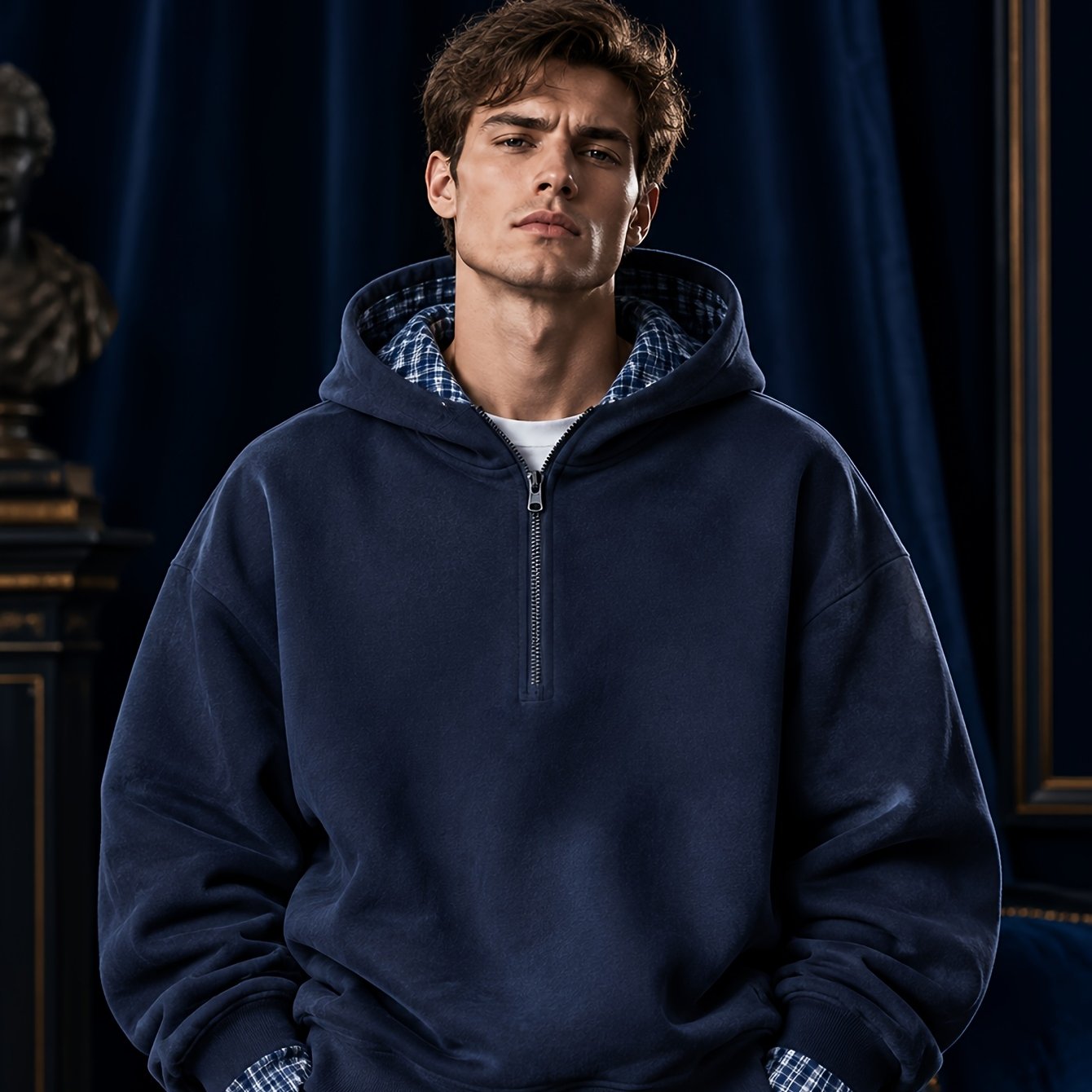 Image of Autumn 1pc Men's Grey Knit Half-zip Hoodie, Navy Lining Inside Hood, 2pcs Cuff Design, Loose Oversize , Daily Street Long Sleeve Top