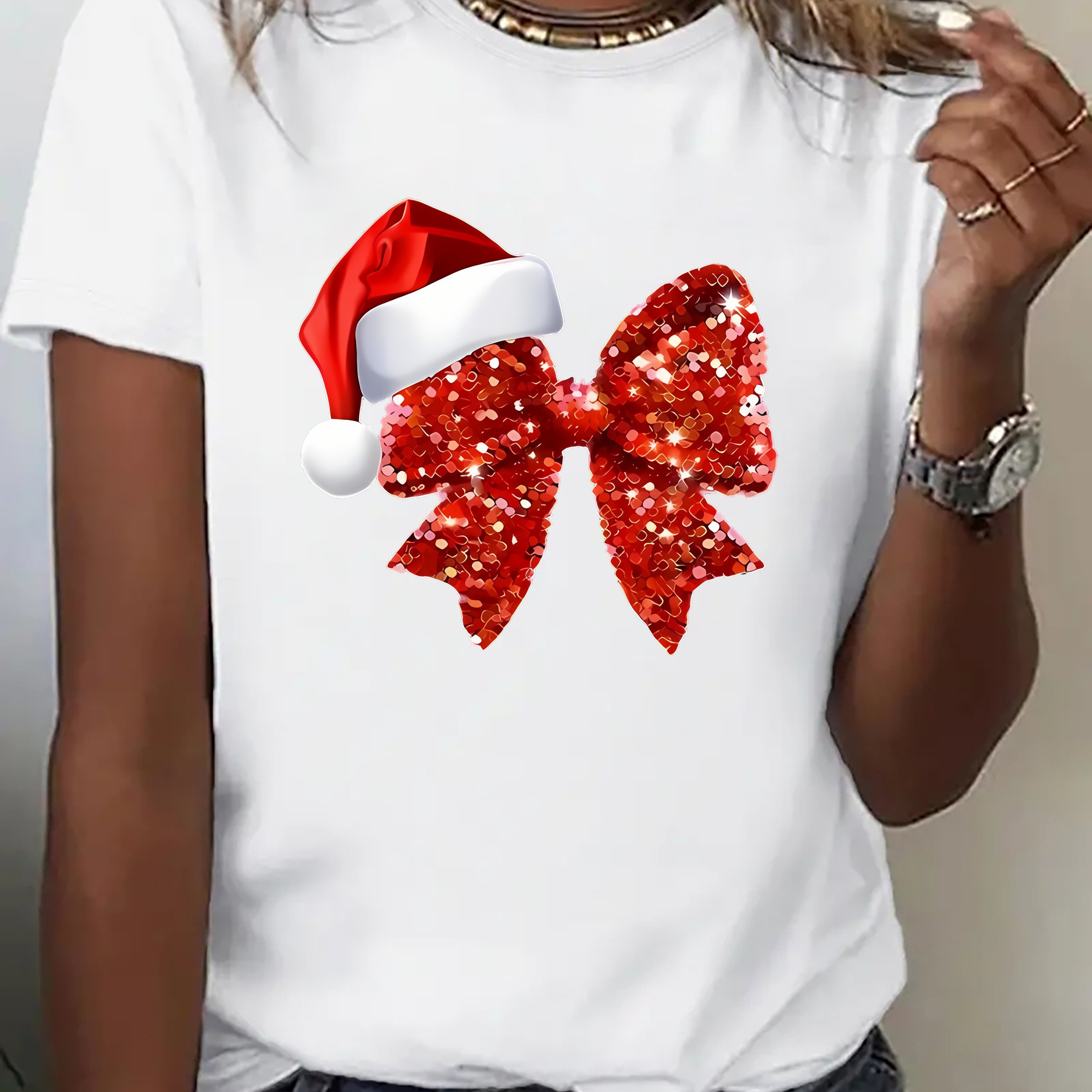 TEMU Women's Bow & Christmas Hat Print T-shirt - Casual Sporty Round Neck Short Sleeve Blouse - Fabric Suitable For Wear & Layering Pieces - Machine