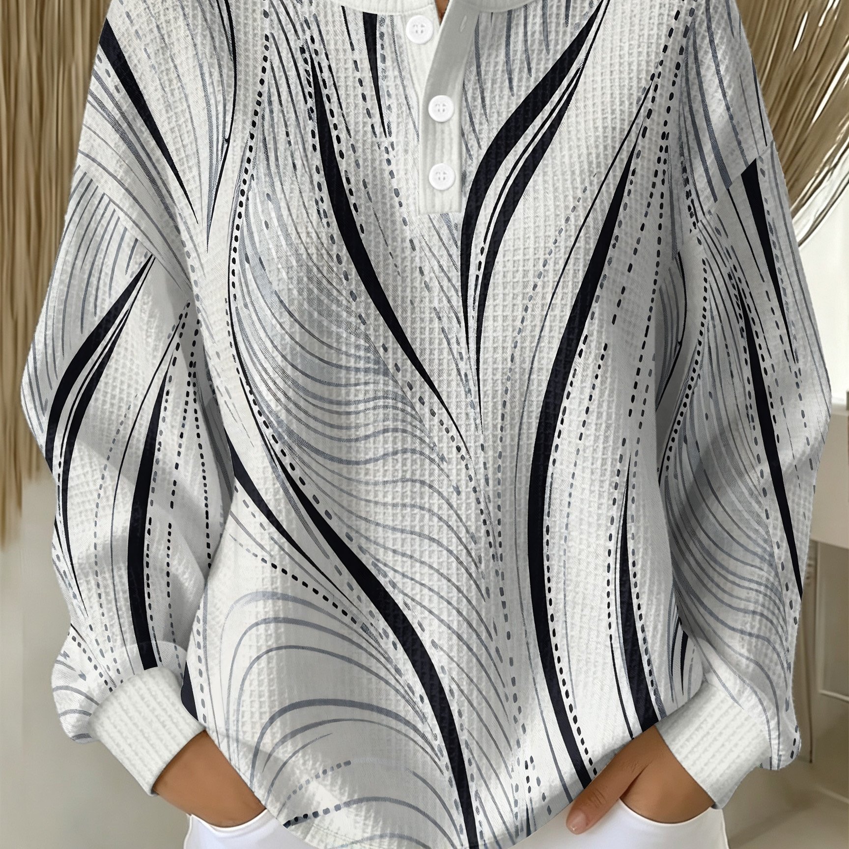 TEMU [Motif Imprimé - Pas de Texture] Haut Femme à Manches Longues en avec Motif Artisanal , Pull Décontracté à Col Boutonné Henley, T-Shirt
