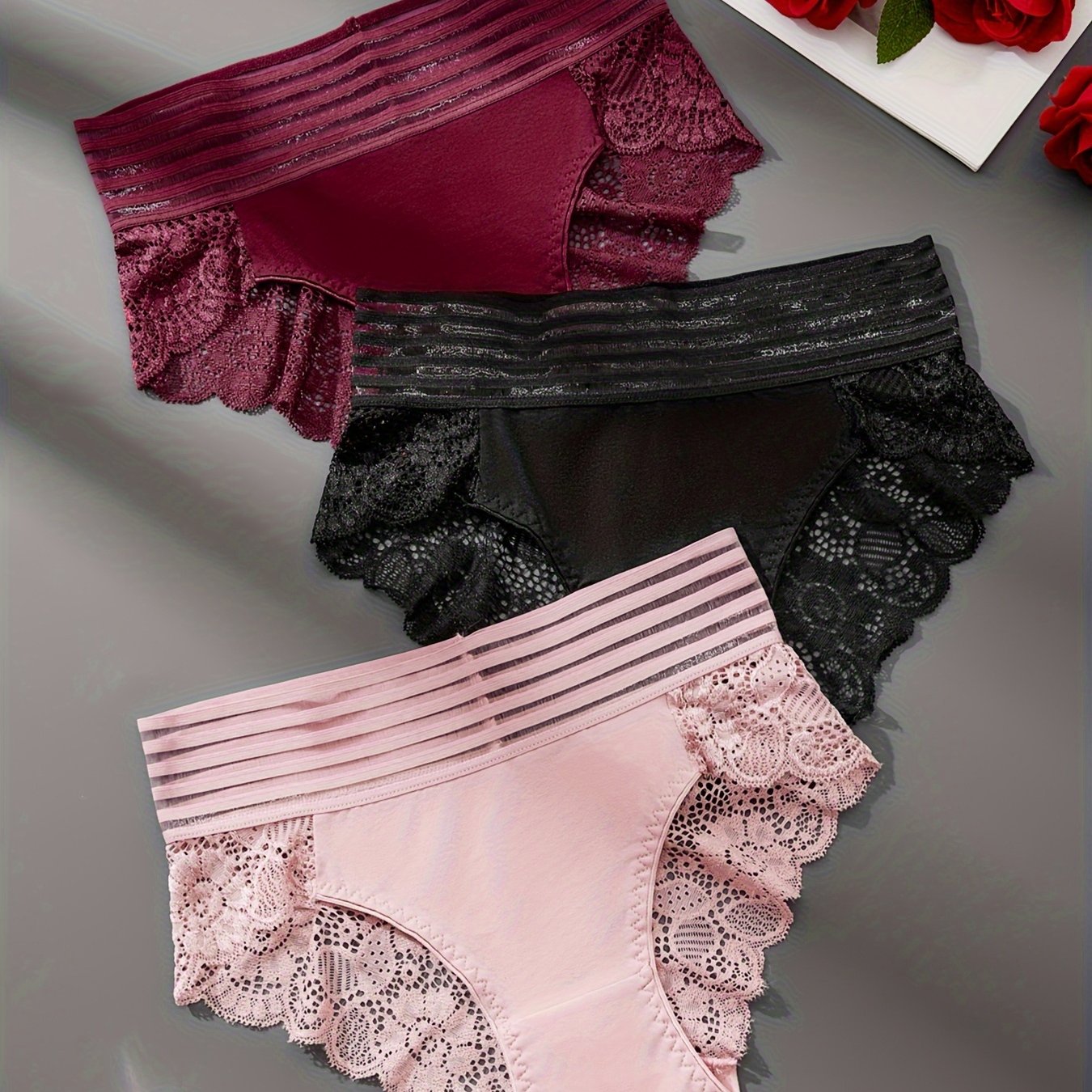 Image of 3-pack Women's Underwear, Low-rise Sexy Panties, Lace Stitching Briefs, Floral Lace Semi-sheer Mesh Briefs