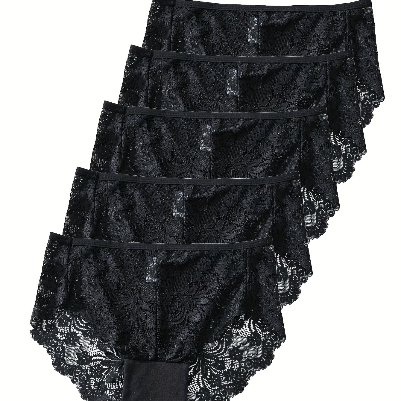 5pcs Set Women's High-waisted Lace Panties Casual Romantic Comfortable Black Briefs