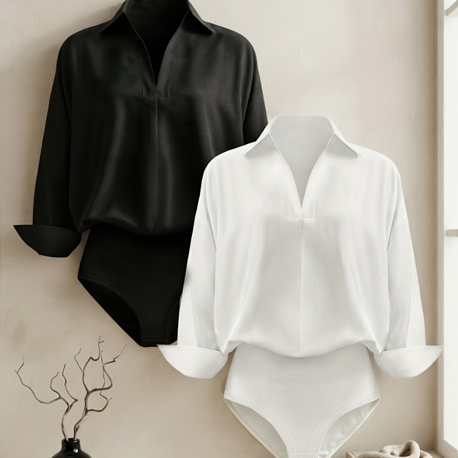 TEMU Spring Summer Autumn Women's 2pcs Set, Collared V-neck Long Sleeve Jumpsuit, Loose Puff Sleeve Solid Black White Elegant Commute Daily Layering