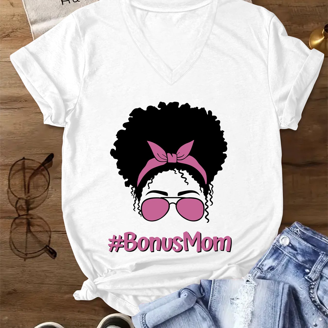 TEMU Women's Bonus Mom Lettering V-neck T-shirt - Short Sleeve Casual Blouse Top With V-neck Collar, Bonus Mom Print, Machine Washable Summer Shirt