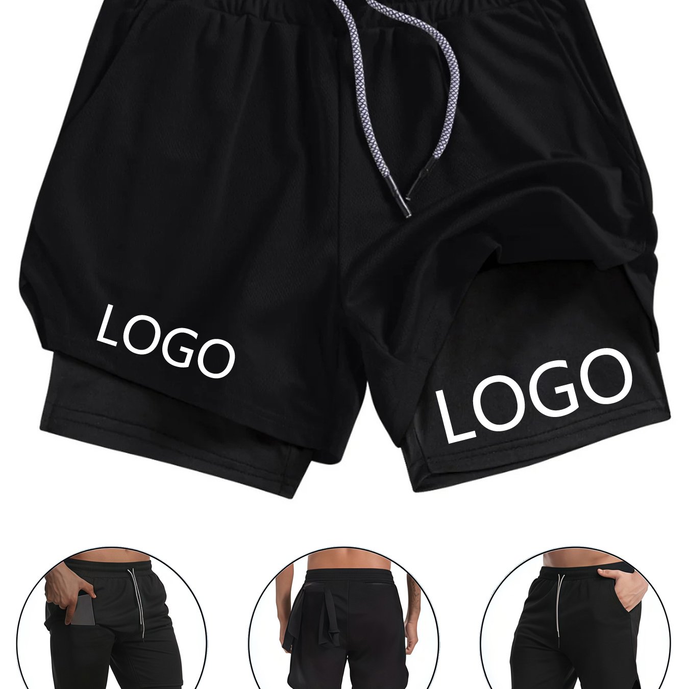 TEMU Men's Customizable Double Layer Athletic Shorts - Polyester With Personalized Photo/design Area, Slim Fit Multi-pocket For Fitness, Running,