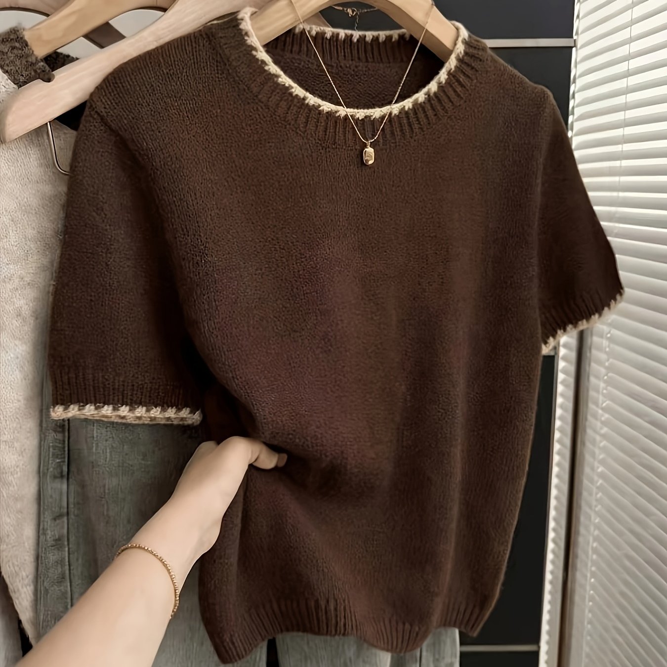 TEMU Nch-style Retro Loose Crewneck Short-sleeve Color- Women's Top