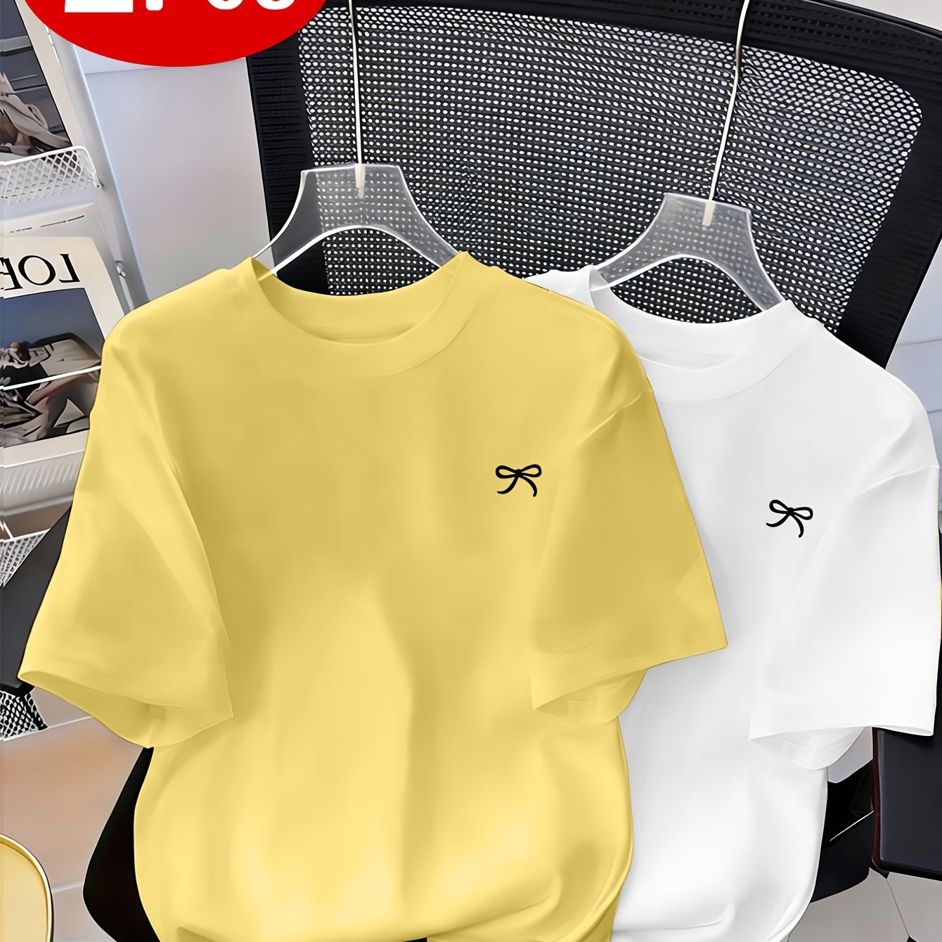 TEMU Spring/summer New Arrival Fashionable And Round Neck Two-pack Women's Everyday Versatile Casual And Comfortable Short-sleeve T-shirt With Bow