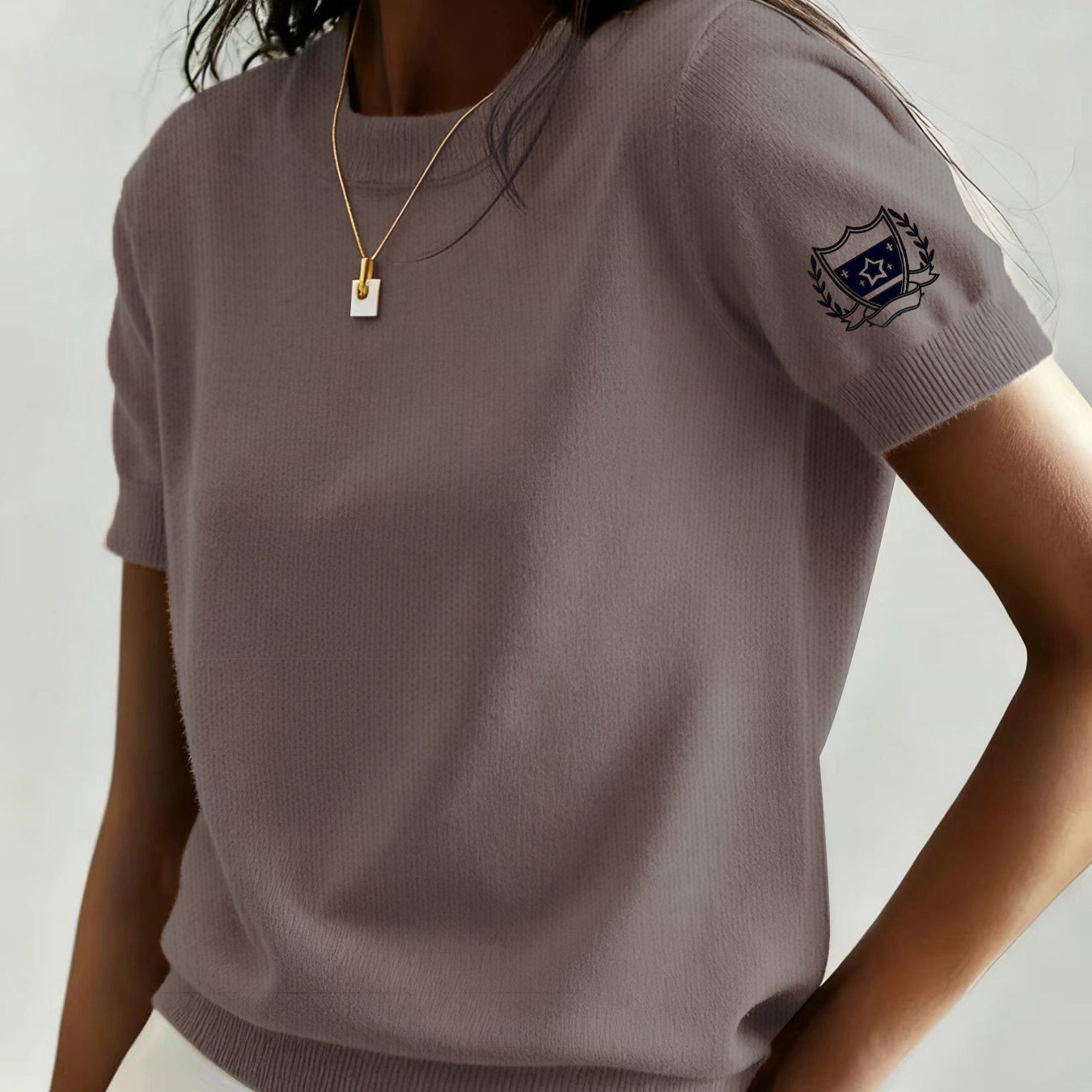 TEMU Women's Fashionable Round-neck Short-sleeve Sweater Featuring 2d Embroidery And Rhinestone Appliqué Prints, Suitable For Spring, Summer, And