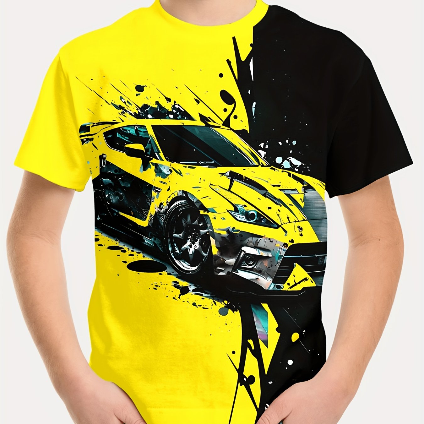 E-shop Jungen T-Shirt mit -Muster in Neongrün Schwarz – Kurzärmeliges Freizeit-Top mit 3D-Druck, Rundhalsausschnitt Neon-Leucht-Stil, atmungsaktiv