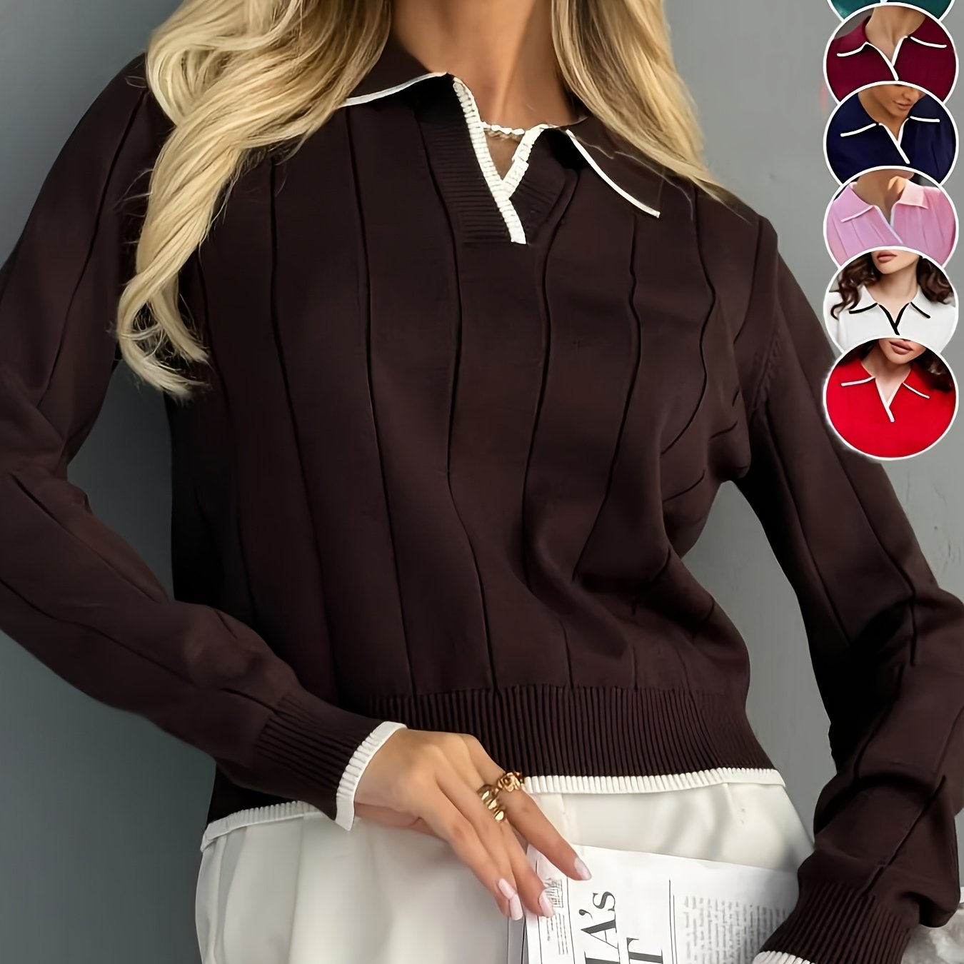 TEMU Women's Long Sleeve Pullover Stretchy Slim- Contrast Color Shirt Spring/autumn Cropped Sweater