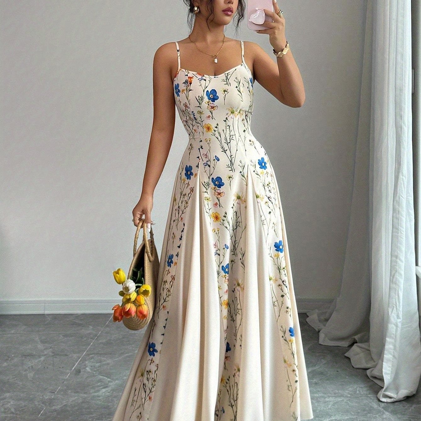 Elegant Floral Print Maxi Dress | French Romantic Spaghetti Strap, Flared Hem, Sleeveless, Backless Detail, Ideal For Spring/summer